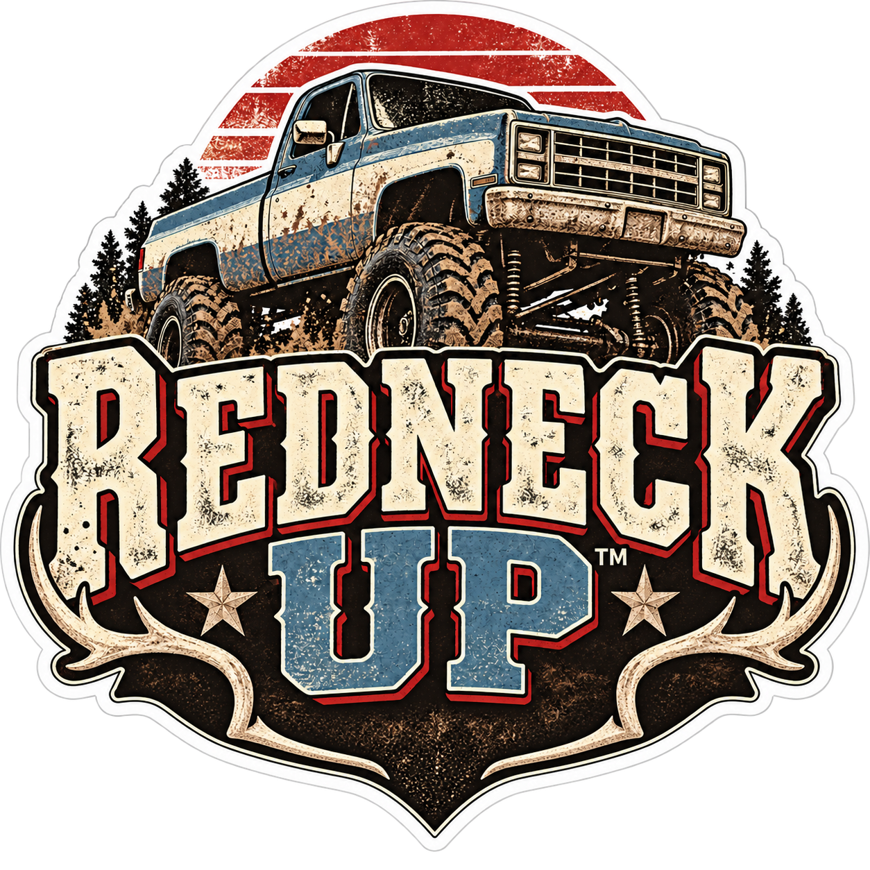 Redneck Up lifted truck logo with mud tires, antlers, and western country styling