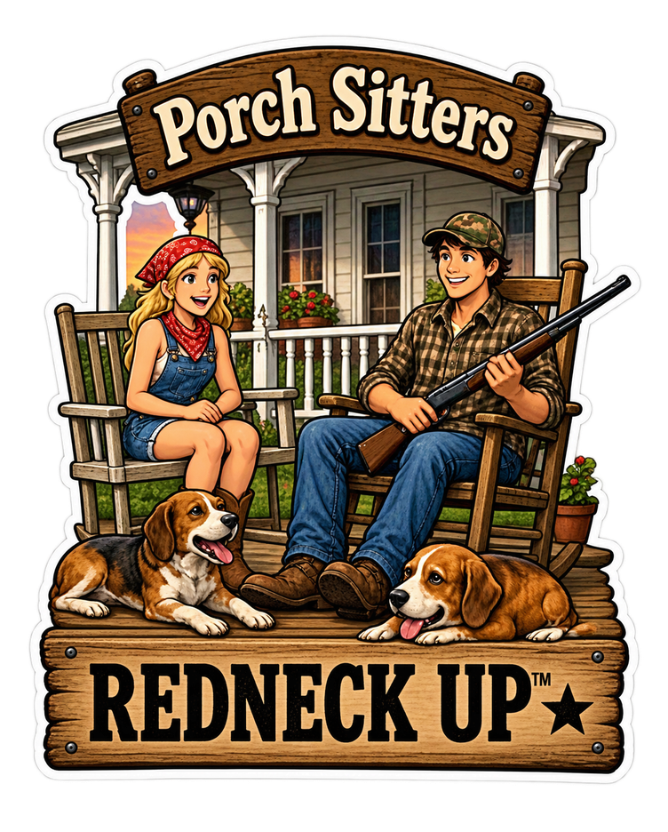 Vintage porch scene and Redneck Up lettering