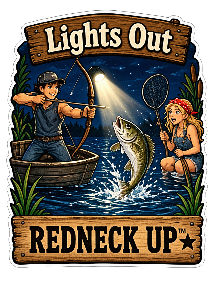 Night fishing scene with Lights Out text and Redneck Up branding