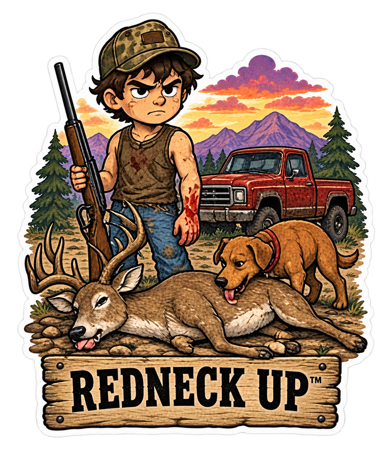 Young hunter character in a Redneck Up outdoor scene