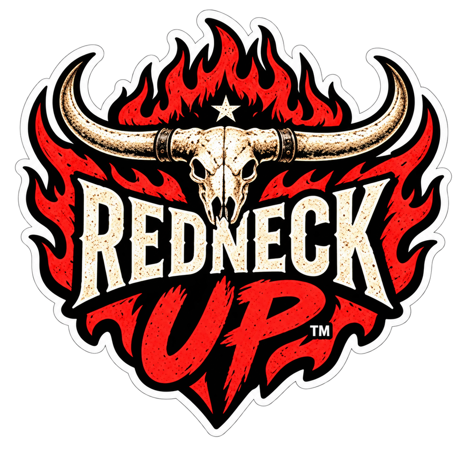Flaming longhorn skull and Redneck Up lettering